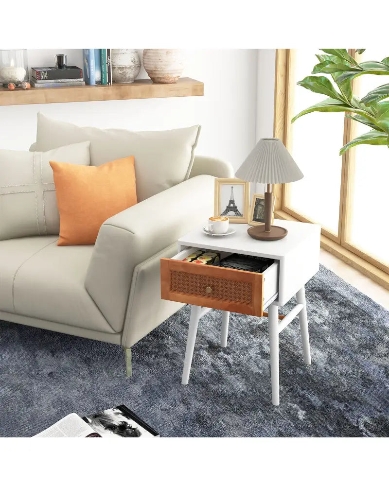 1-Drawer Modern Bedside Table with Solid Wood Legs-White - White - Nightstands