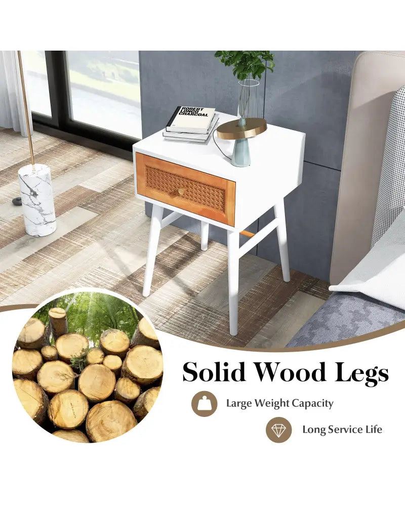 1-Drawer Modern Bedside Table with Solid Wood Legs-White - White - Nightstands