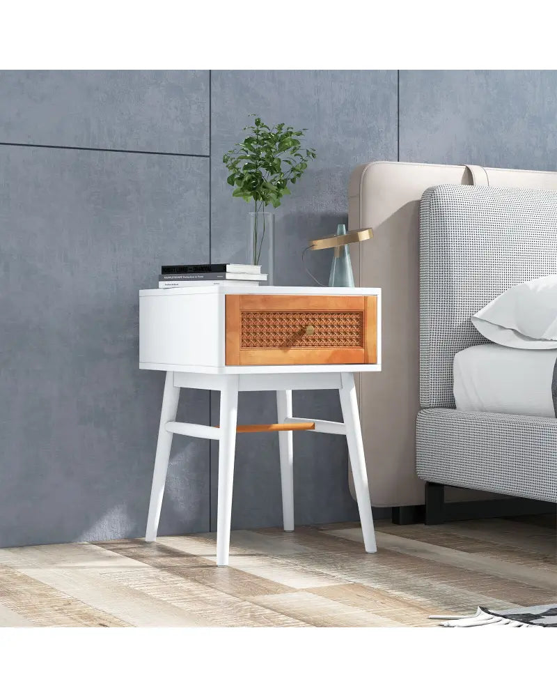 1-Drawer Modern Bedside Table with Solid Wood Legs-White - White - Nightstands