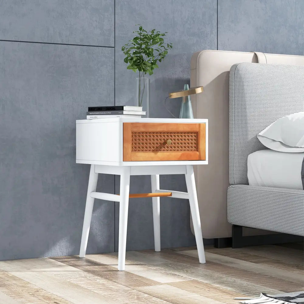 1-Drawer Modern Bedside Table with Solid Wood Legs-White - White - Nightstands