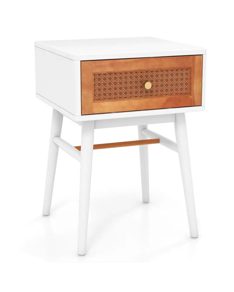 1-Drawer Modern Bedside Table with Solid Wood Legs-White - White - Nightstands