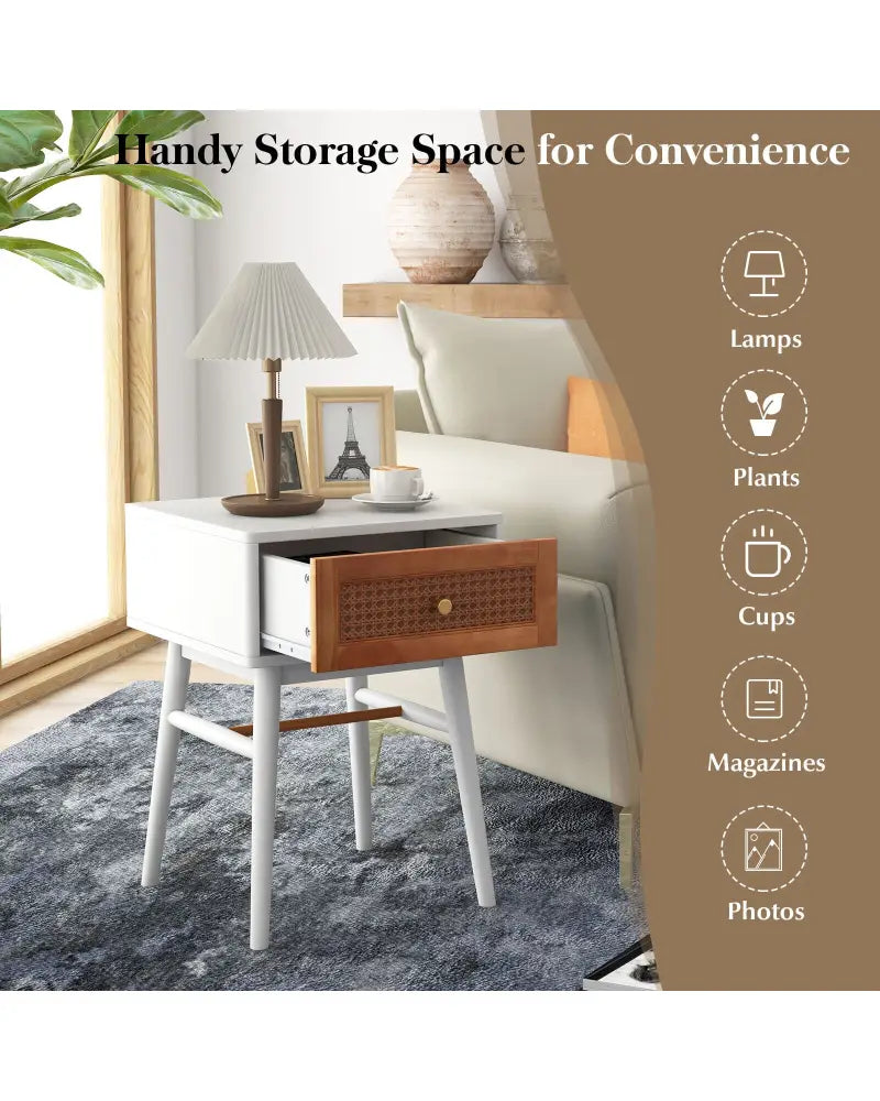 1-Drawer Modern Bedside Table with Solid Wood Legs-White - White - Nightstands