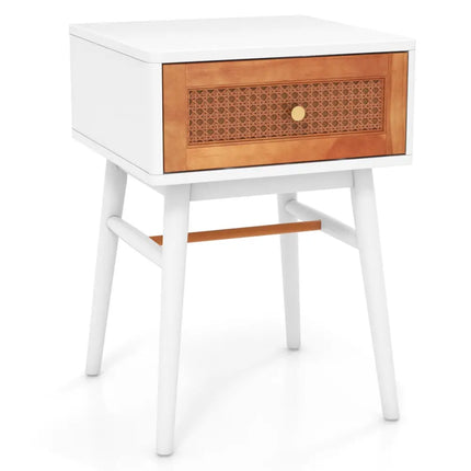 White modern bedside table with a single drawer and solid wood legs, perfect as a stylish nightstand from Costway.