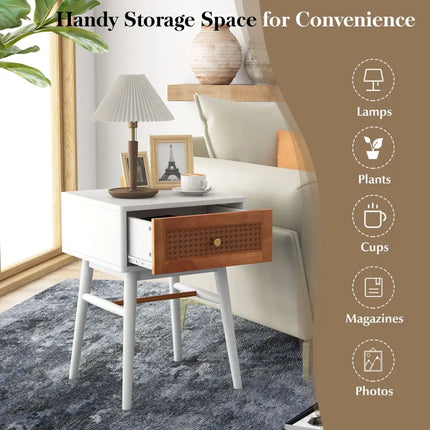White modern bedside table with one drawer and solid wood legs, designed by Costway for stylish bedroom storage.