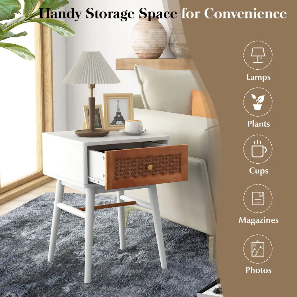 White modern bedside table with one drawer and solid wood legs, designed by Costway for stylish bedroom storage.