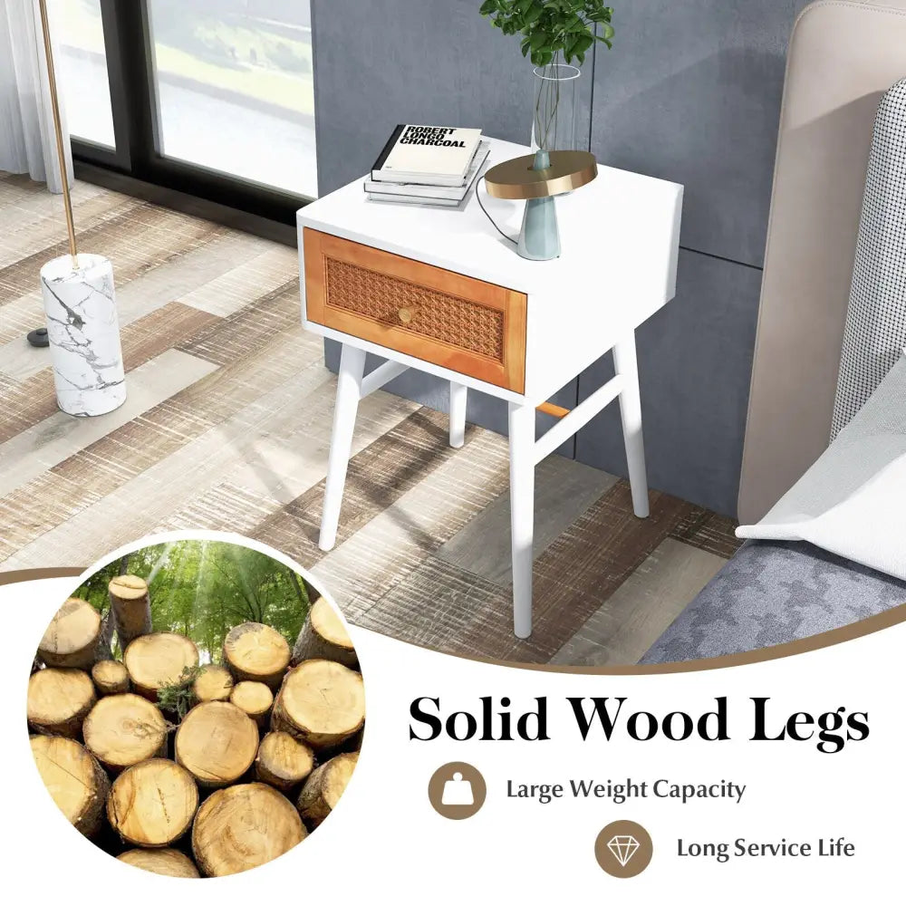 White modern bedside table with one drawer and solid wood legs, designed by Costway for stylish bedroom storage.