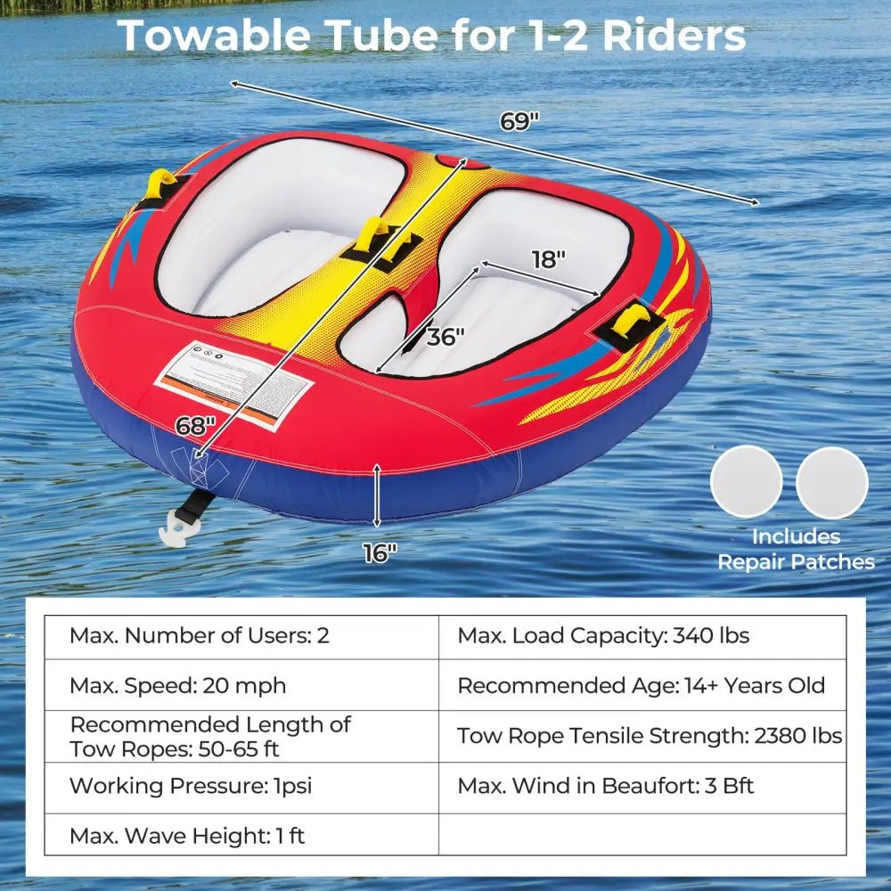 1 or 2 Person Inflatable Towable Tube for Boating with Drainage - Water Sports