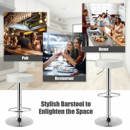 White round bar stool with adjustable height and swivel seat, Costway pub chair for kitchen or bar area.