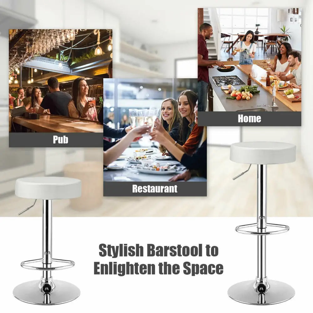 White round bar stool with adjustable height and swivel seat, Costway pub chair for kitchen or bar area.