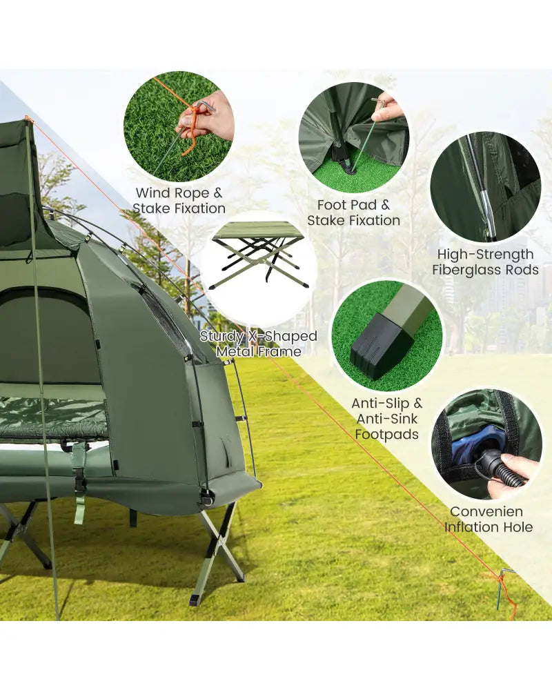 1-Person Folding Camping Tent with Sunshade and Air Mattress - Green - Tents