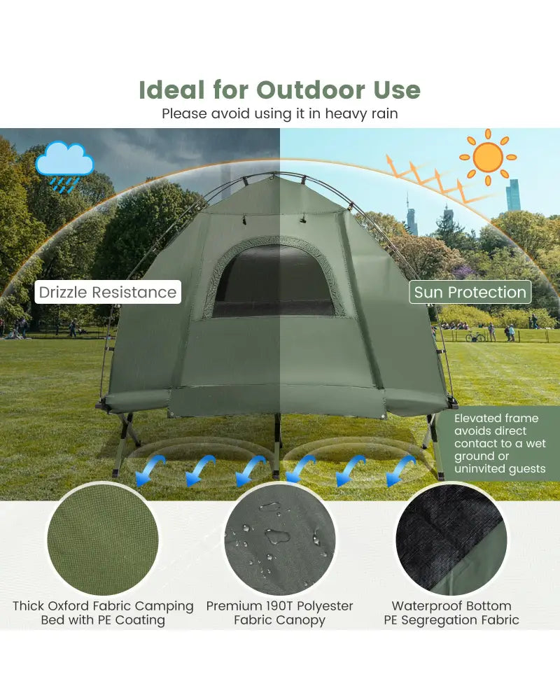 1-Person Folding Camping Tent with Sunshade and Air Mattress - Green - Tents