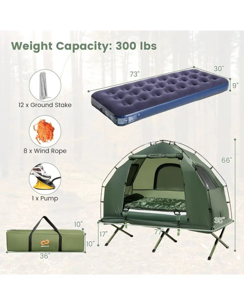 1-Person Folding Camping Tent with Sunshade and Air Mattress - Green - Tents