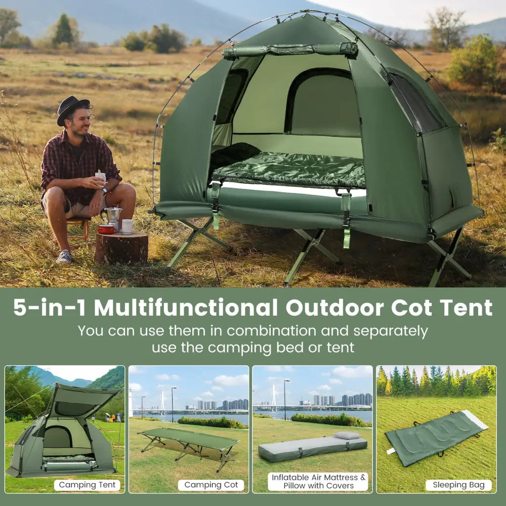 1-Person Folding Camping Tent with Sunshade and Air Mattress - Green - Tents