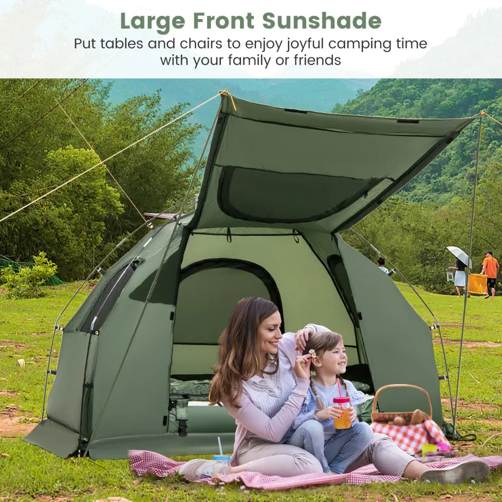 1-Person Folding Camping Tent with Sunshade and Air Mattress - Green - Tents