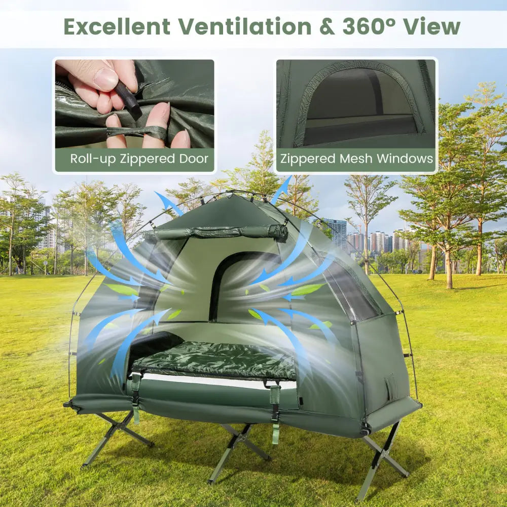 1-Person Folding Camping Tent with Sunshade and Air Mattress - Green - Tents