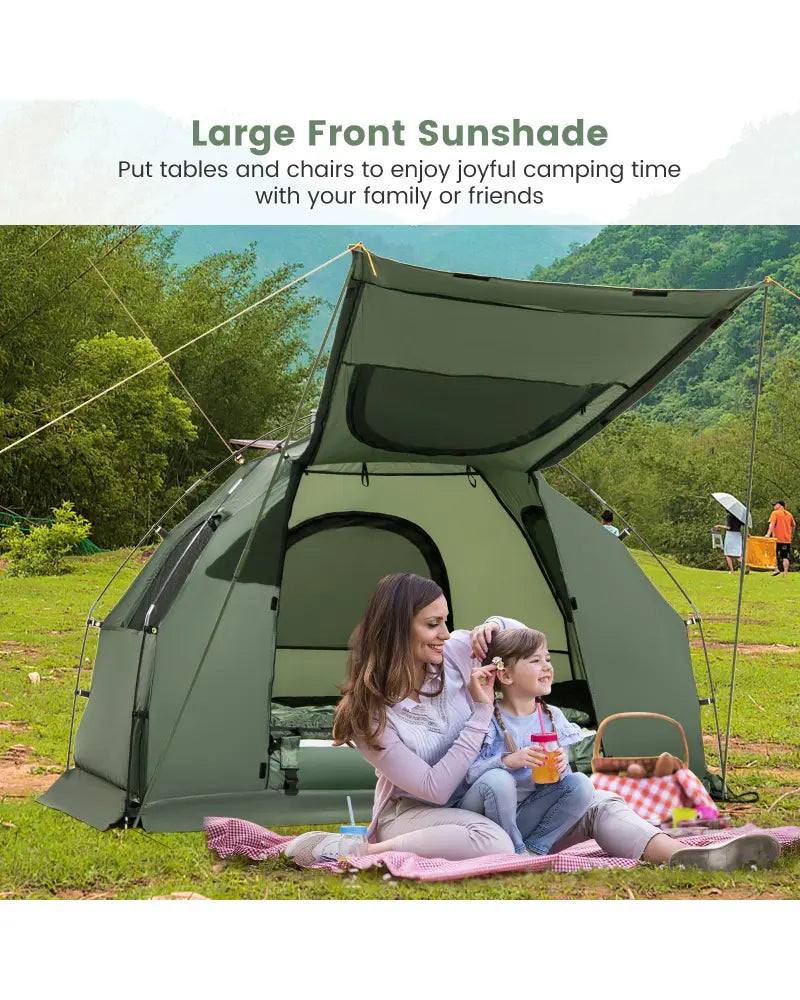 1-Person Folding Camping Tent with Sunshade and Air Mattress - Green - Tents