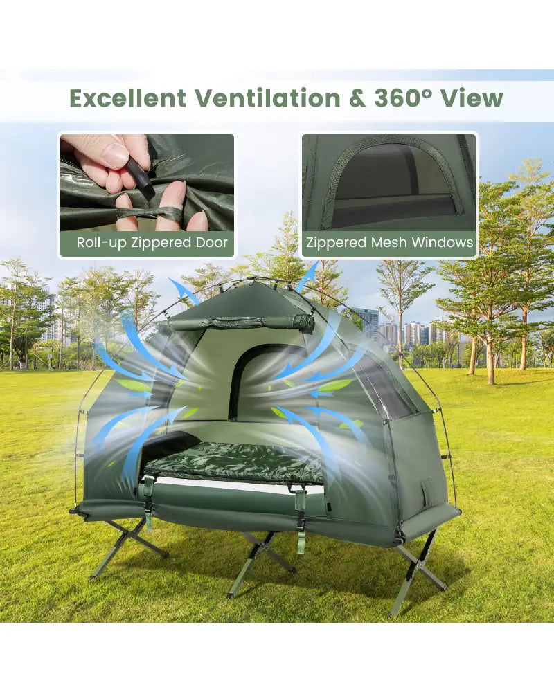 1-Person Folding Camping Tent with Sunshade and Air Mattress - Green - Tents