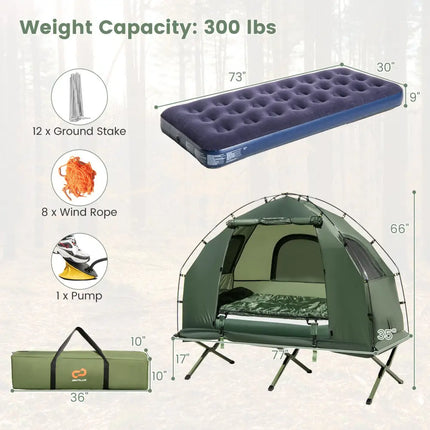 1-Person Folding Camping Tent with Sunshade and Air Mattress - Green - Tents