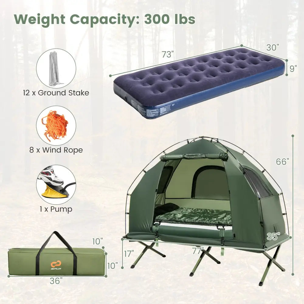 1-Person Folding Camping Tent with Sunshade and Air Mattress - Green - Tents