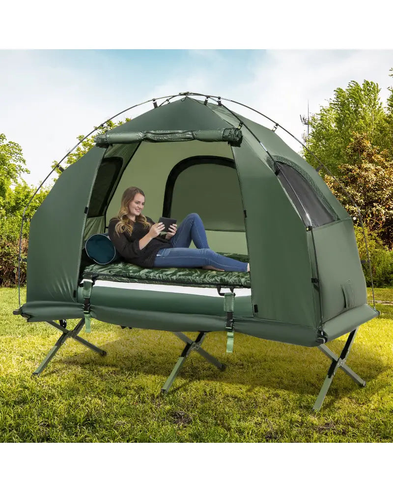 1-Person Folding Camping Tent with Sunshade and Air Mattress - Green - Tents