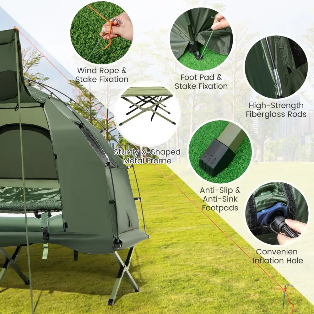 1-Person Folding Camping Tent with Sunshade and Air Mattress - Green - Tents