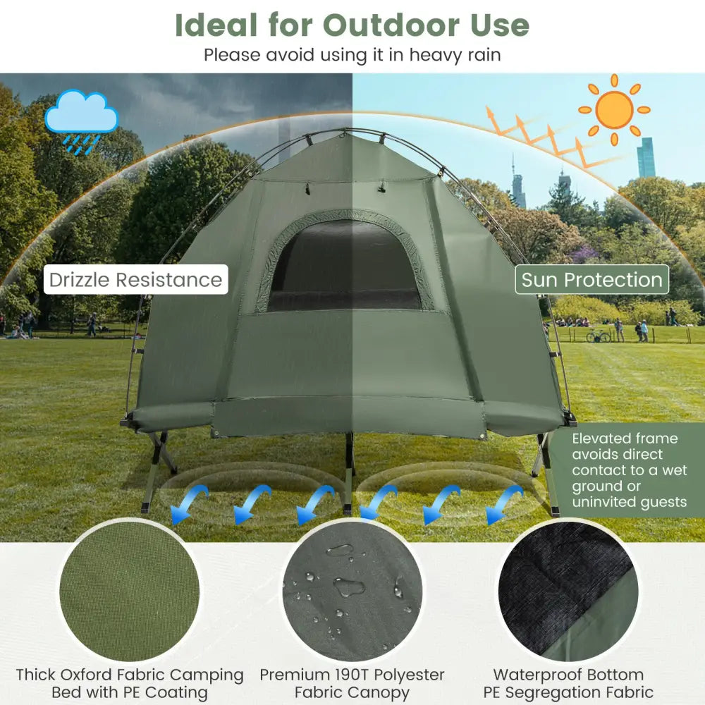 1-Person Folding Camping Tent with Sunshade and Air Mattress - Green - Tents