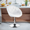 White adjustable modern swivel round tufted bar stool with sleek design, perfect for contemporary kitchen or bar area.