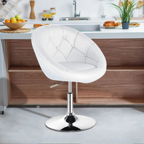 White adjustable modern swivel round tufted bar stool with sleek design, perfect for contemporary kitchen or bar area.
