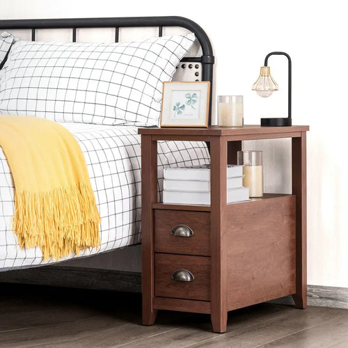 1 Piece End Table Wooden with 2 Drawers and Shelf Bedside Table-Brown - Brown - Nightstands