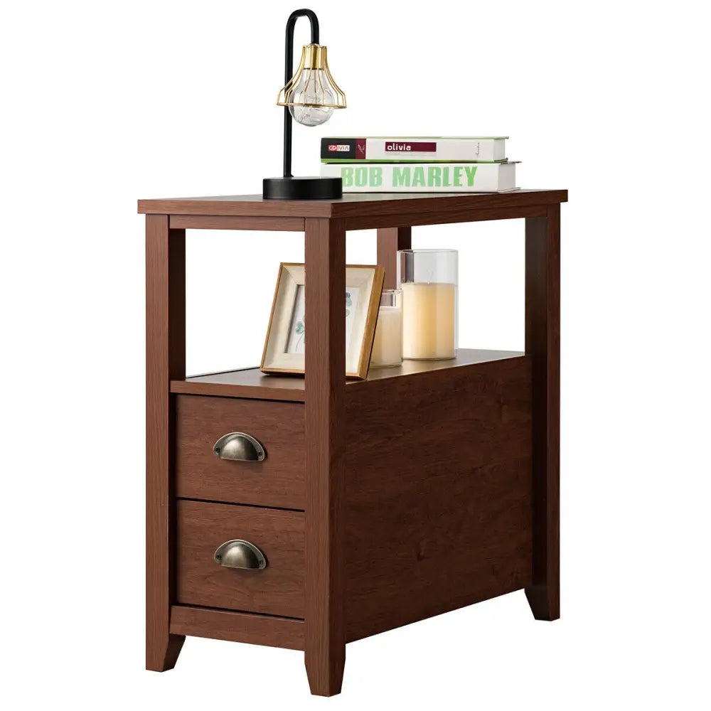 1 Piece End Table Wooden with 2 Drawers and Shelf Bedside Table-Brown - Brown - Nightstands