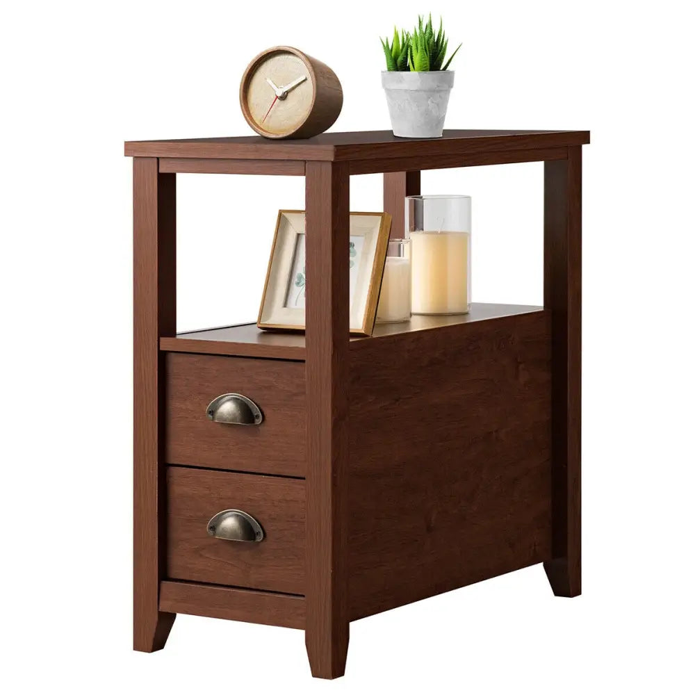 1 Piece End Table Wooden with 2 Drawers and Shelf Bedside Table-Brown - Brown - Nightstands