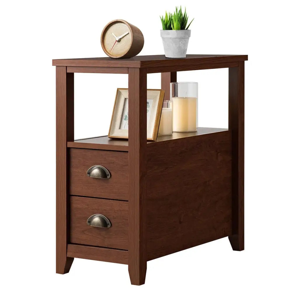 1 Piece End Table Wooden with 2 Drawers and Shelf Bedside Table-Brown - Brown - Nightstands