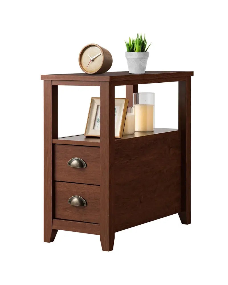 1 Piece End Table Wooden with 2 Drawers and Shelf Bedside Table-Brown - Brown - Nightstands