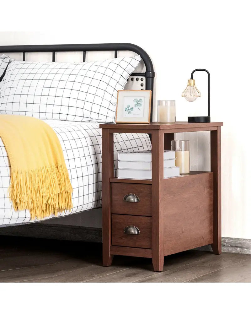 1 Piece End Table Wooden with 2 Drawers and Shelf Bedside Table-Brown - Brown - Nightstands