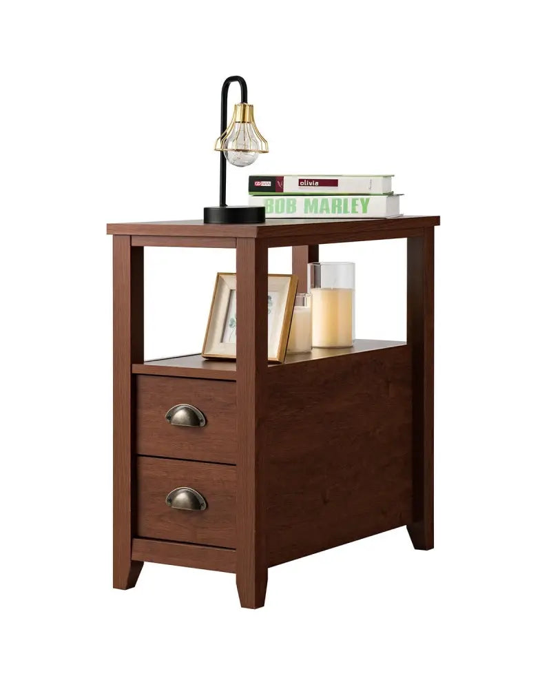 1 Piece End Table Wooden with 2 Drawers and Shelf Bedside Table-Brown - Brown - Nightstands