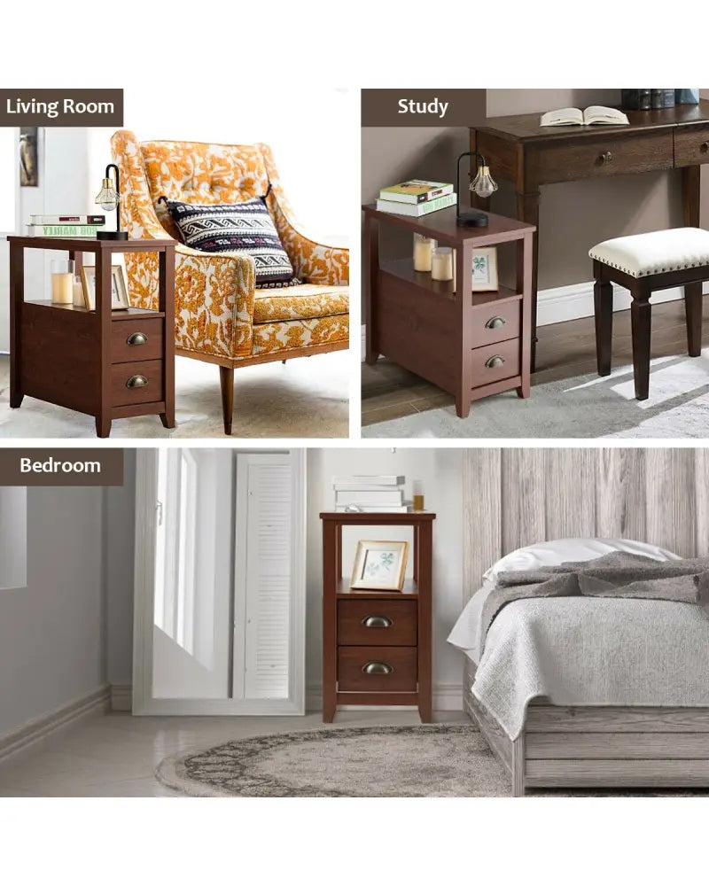 1 Piece End Table Wooden with 2 Drawers and Shelf Bedside Table-Brown - Brown - Nightstands