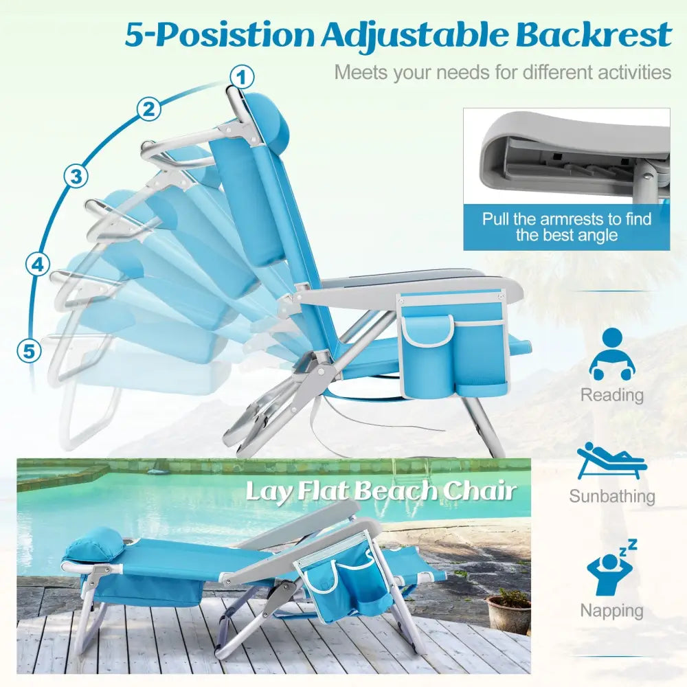 1 Piece Foldable Backpack Beach Chair with Cup Holder and Storage Pockets for Outdoor-Blue - Blue - Beach & Lawn Chairs