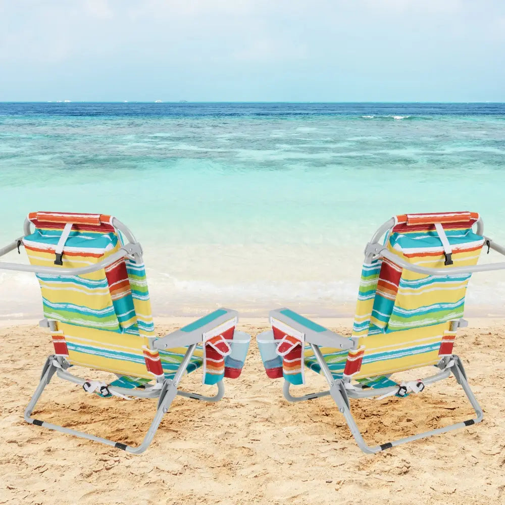 1 Piece Foldable Backpack Beach Chair with Cup Holder and Storage Pockets for Outdoor-Multicolor - Multicolor - Beach &