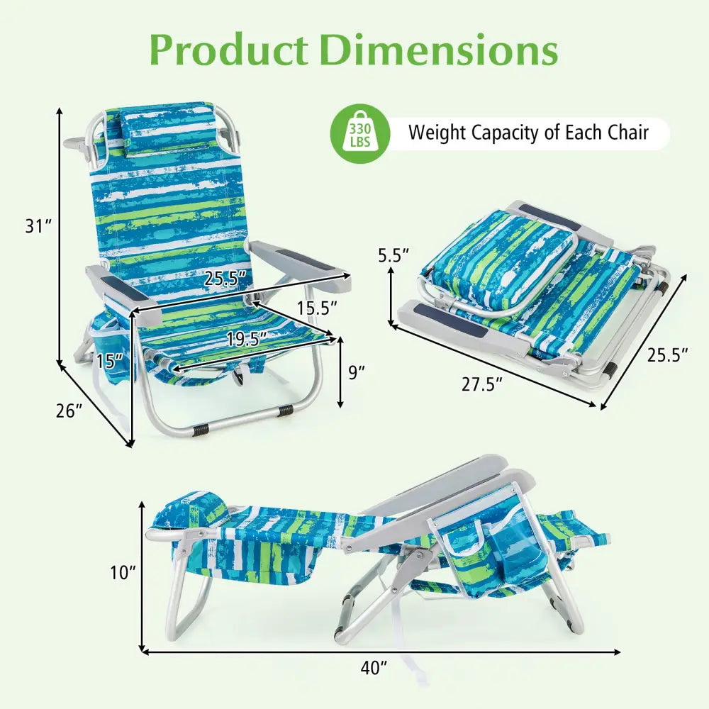 1 Piece Foldable Backpack Beach Chair with Cup Holder and Storage Pockets for Outdoor-Blue and Green - Blue & Green