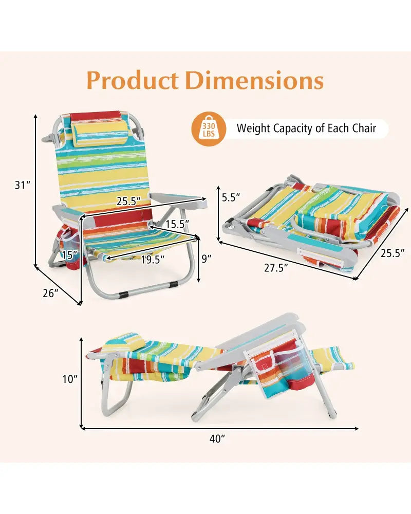 1 Piece Foldable Backpack Beach Chair with Cup Holder and Storage Pockets for Outdoor-Multicolor - Multicolor - Beach &