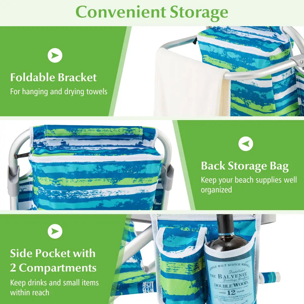 1 Piece Foldable Backpack Beach Chair with Cup Holder and Storage Pockets for Outdoor-Blue and Green - Blue & Green