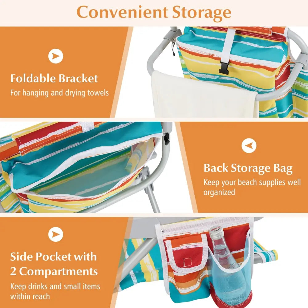 1 Piece Foldable Backpack Beach Chair with Cup Holder and Storage Pockets for Outdoor-Multicolor - Multicolor - Beach &