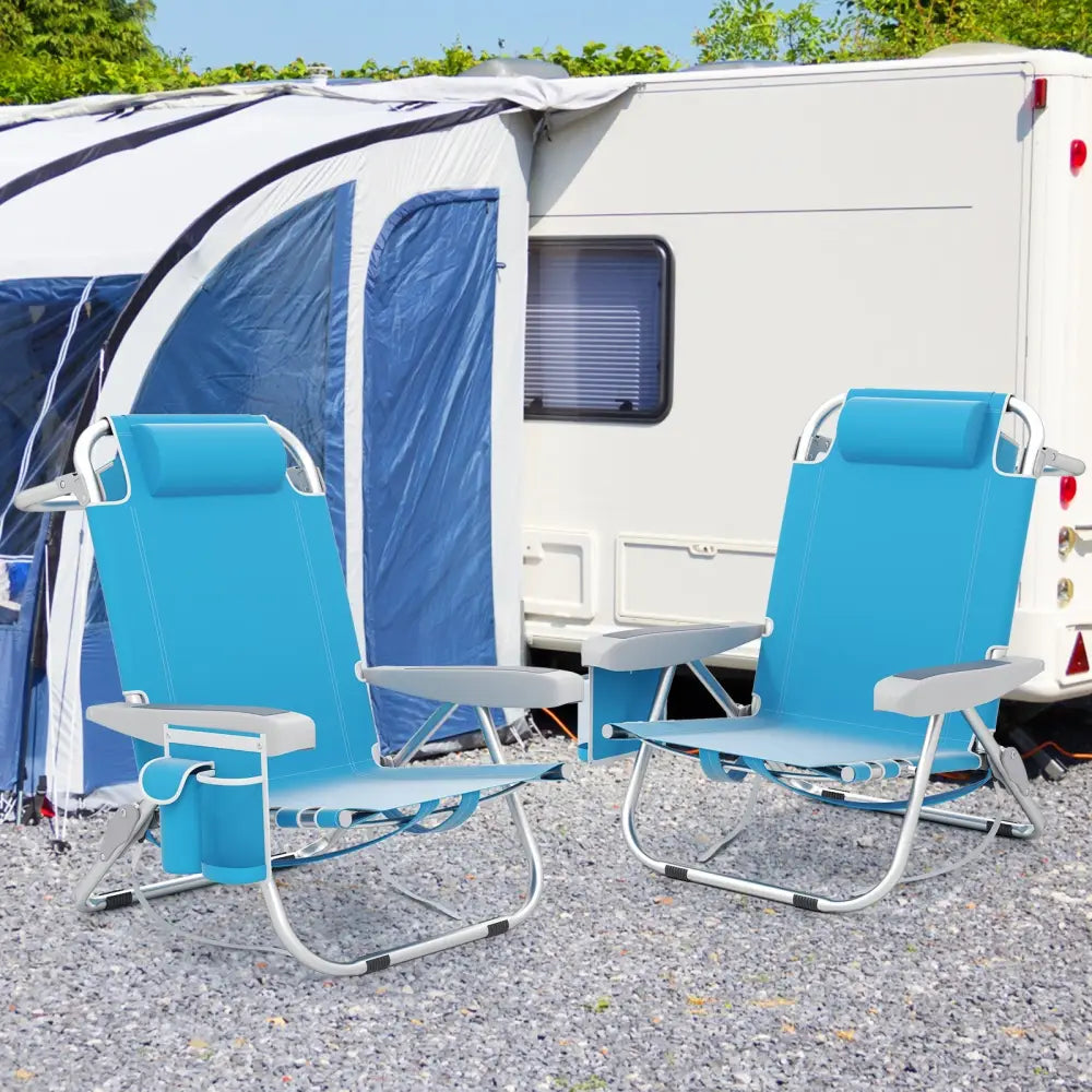 1 Piece Foldable Backpack Beach Chair with Cup Holder and Storage Pockets for Outdoor-Blue - Blue - Beach & Lawn Chairs