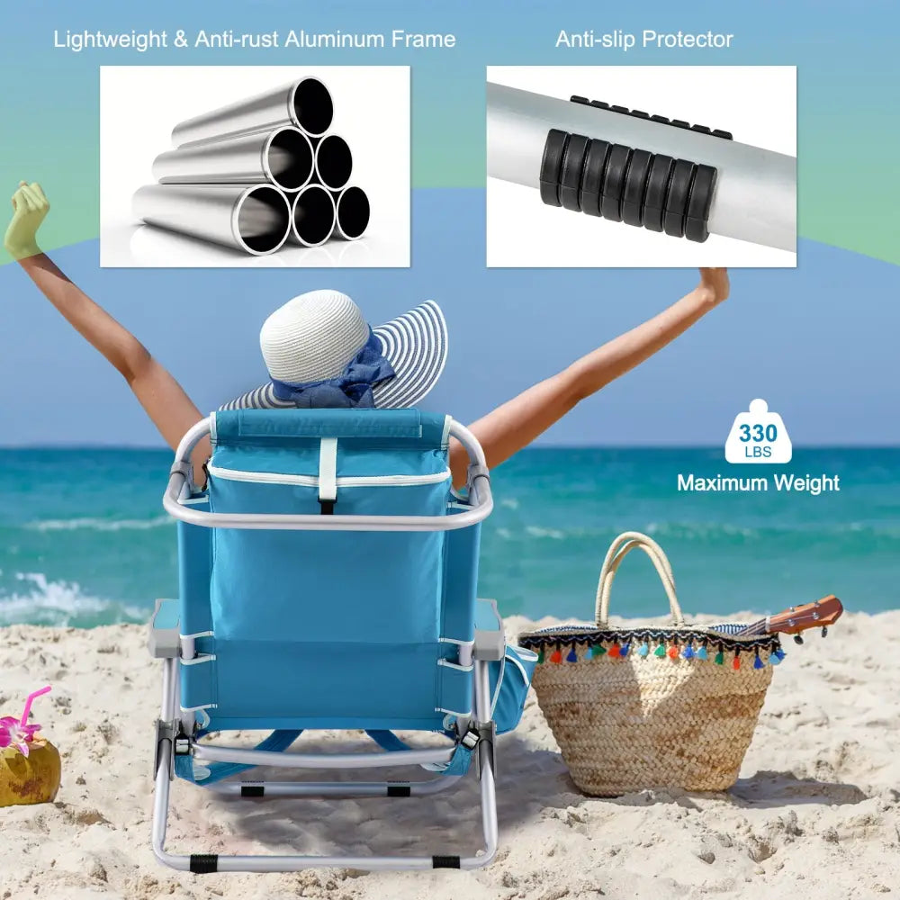 1 Piece Foldable Backpack Beach Chair with Cup Holder and Storage Pockets for Outdoor-Blue - Blue - Beach & Lawn Chairs