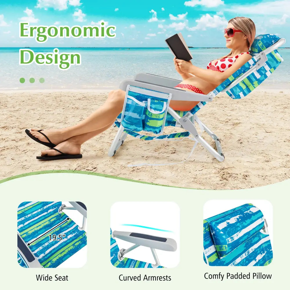 1 Piece Foldable Backpack Beach Chair with Cup Holder and Storage Pockets for Outdoor-Blue and Green - Blue & Green