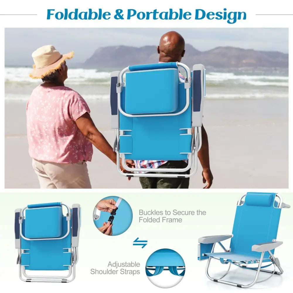 1 Piece Foldable Backpack Beach Chair with Cup Holder and Storage Pockets for Outdoor-Blue - Blue - Beach & Lawn Chairs