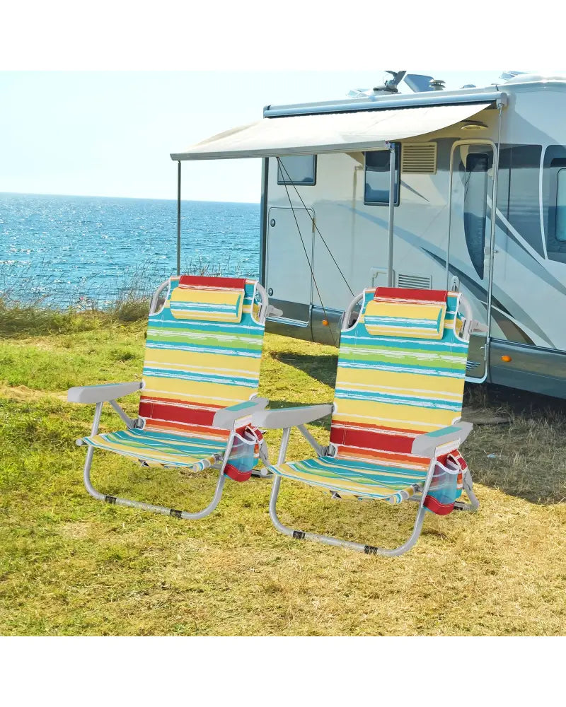 1 Piece Foldable Backpack Beach Chair with Cup Holder and Storage Pockets for Outdoor-Multicolor - Multicolor - Beach &