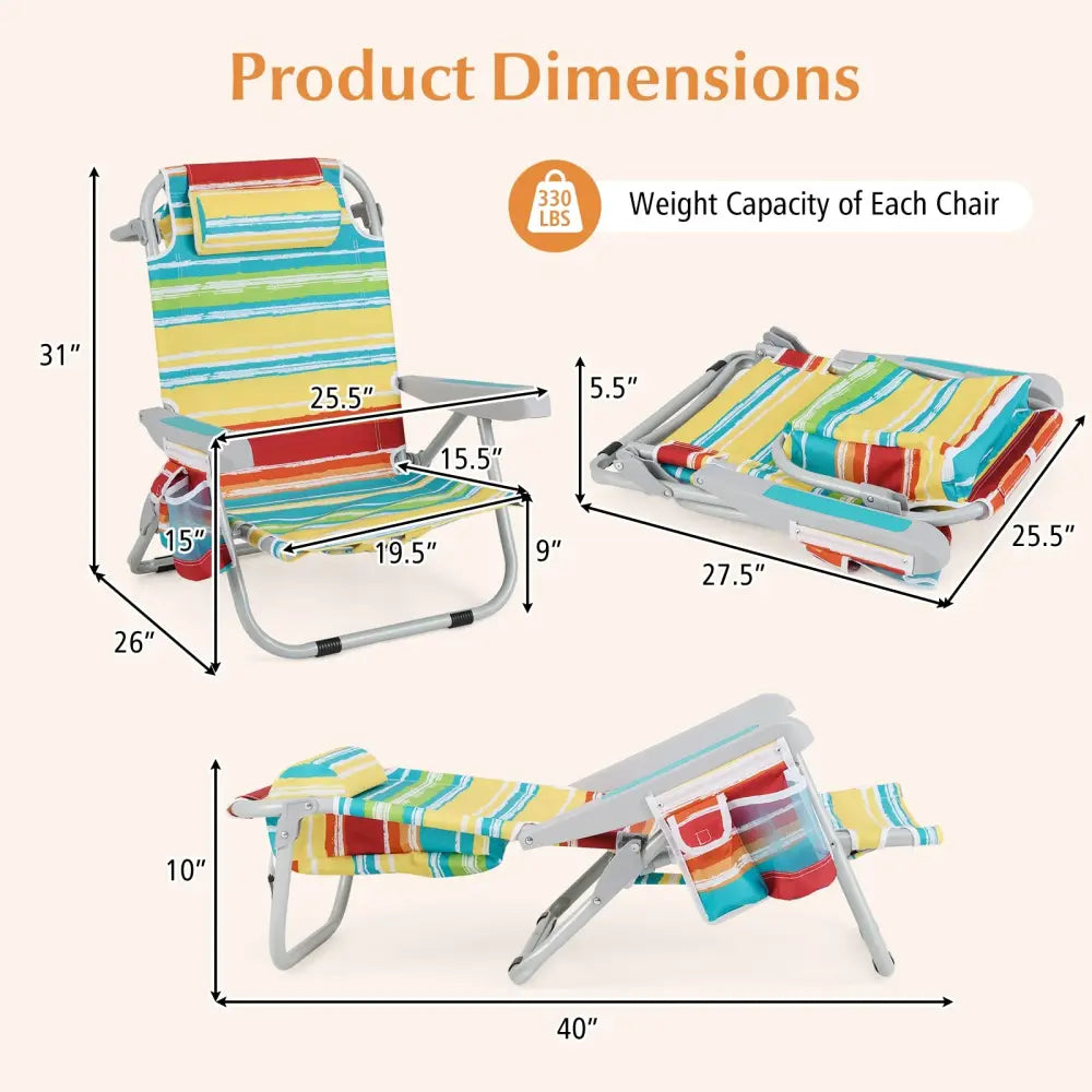 1 Piece Foldable Backpack Beach Chair with Cup Holder and Storage Pockets for Outdoor-Multicolor - Multicolor - Beach &