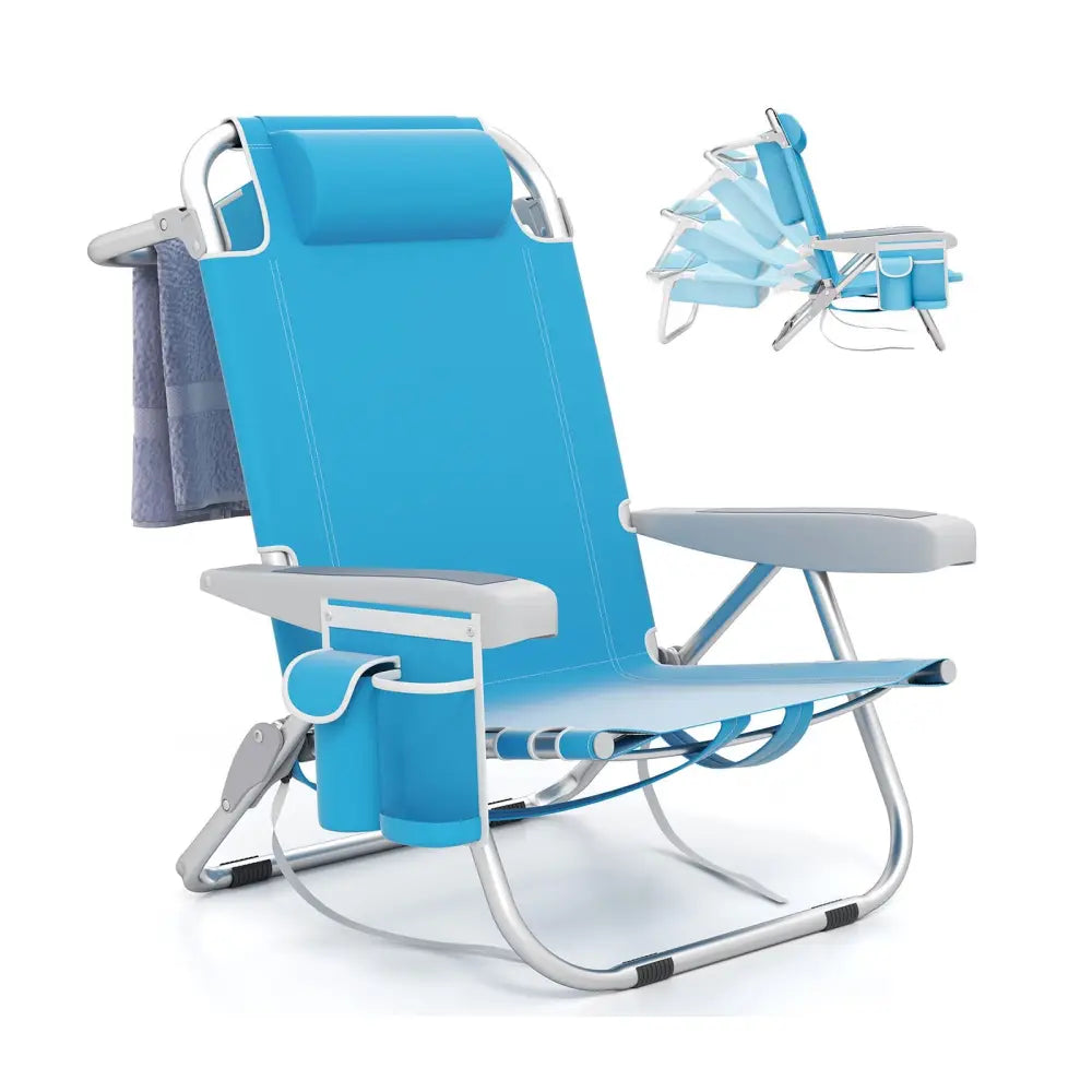 1 Piece Foldable Backpack Beach Chair with Cup Holder and Storage Pockets for Outdoor-Blue - Blue - Beach & Lawn Chairs