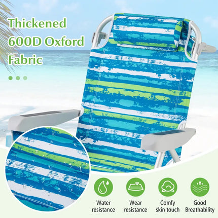 1 Piece Foldable Backpack Beach Chair with Cup Holder and Storage Pockets for Outdoor-Blue and Green - Blue & Green